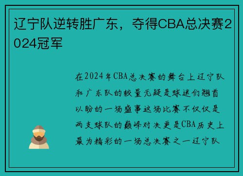 辽宁队逆转胜广东，夺得CBA总决赛2024冠军