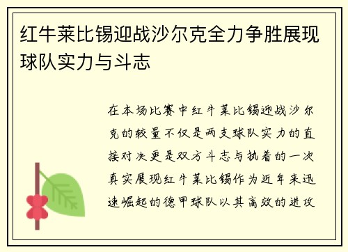 红牛莱比锡迎战沙尔克全力争胜展现球队实力与斗志