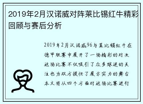 2019年2月汉诺威对阵莱比锡红牛精彩回顾与赛后分析
