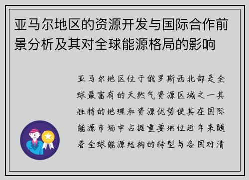 亚马尔地区的资源开发与国际合作前景分析及其对全球能源格局的影响