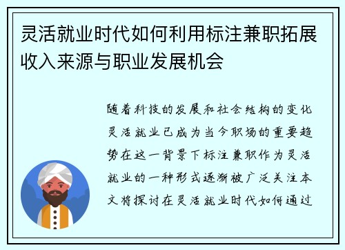 灵活就业时代如何利用标注兼职拓展收入来源与职业发展机会