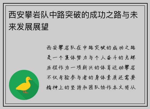 西安攀岩队中路突破的成功之路与未来发展展望