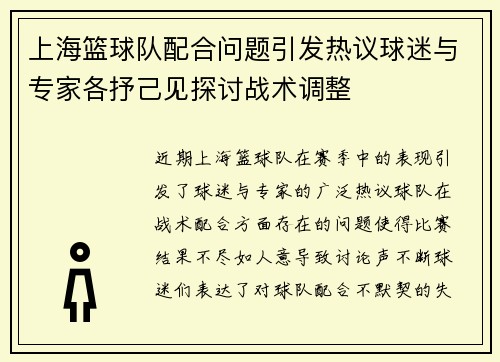 上海篮球队配合问题引发热议球迷与专家各抒己见探讨战术调整