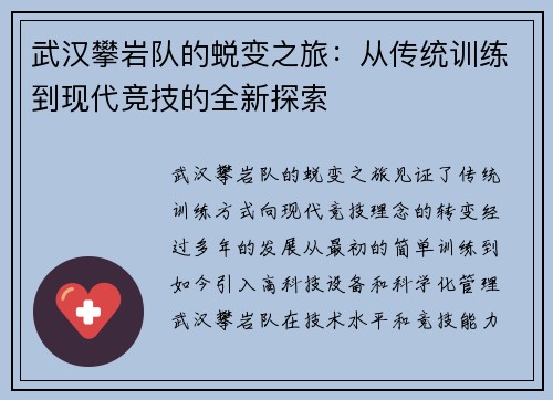 武汉攀岩队的蜕变之旅：从传统训练到现代竞技的全新探索